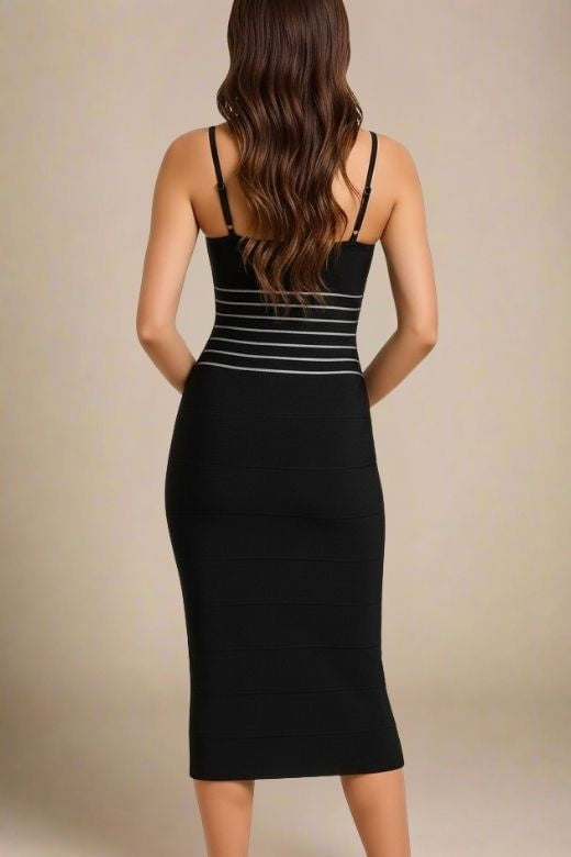 Woman wearing a figure flattering Abigail Bodycon Midi Dress - Classic Black BODYCON COLLECTION Pty Ltd