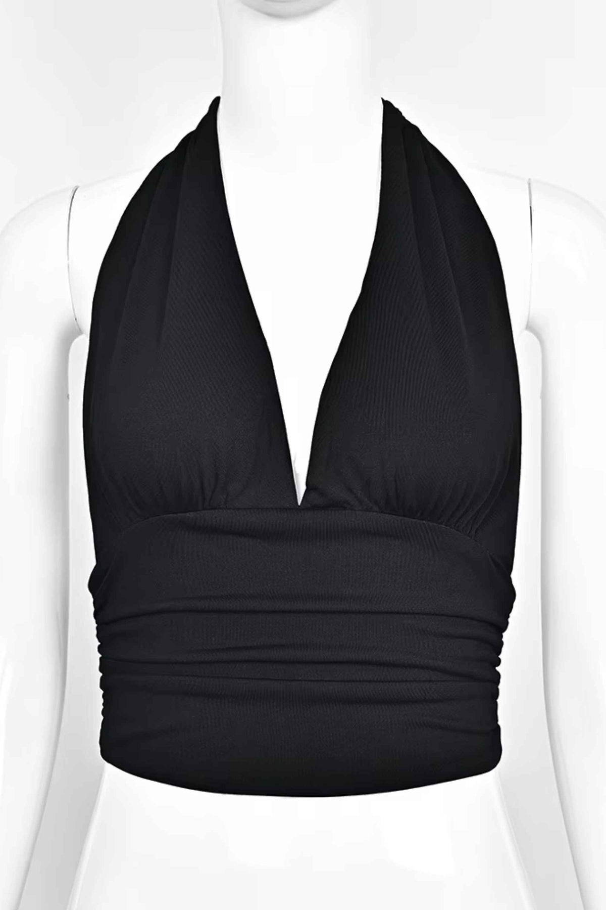 Woman wearing a figure flattering Aby Halter Top - Classic Black BODYCON COLLECTION Pty Ltd