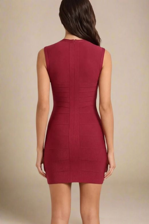 Woman wearing a figure flattering Alora Bandage Mini Dress - Red Wine BODYCON COLLECTION Pty Ltd