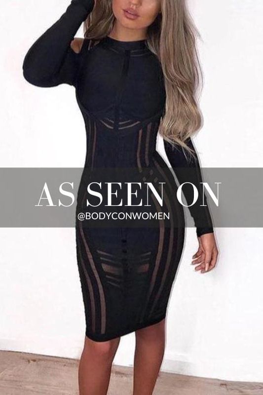 Woman wearing a figure flattering Amelia Long Sleeve Bandage Dress - Classic Black BODYCON COLLECTION