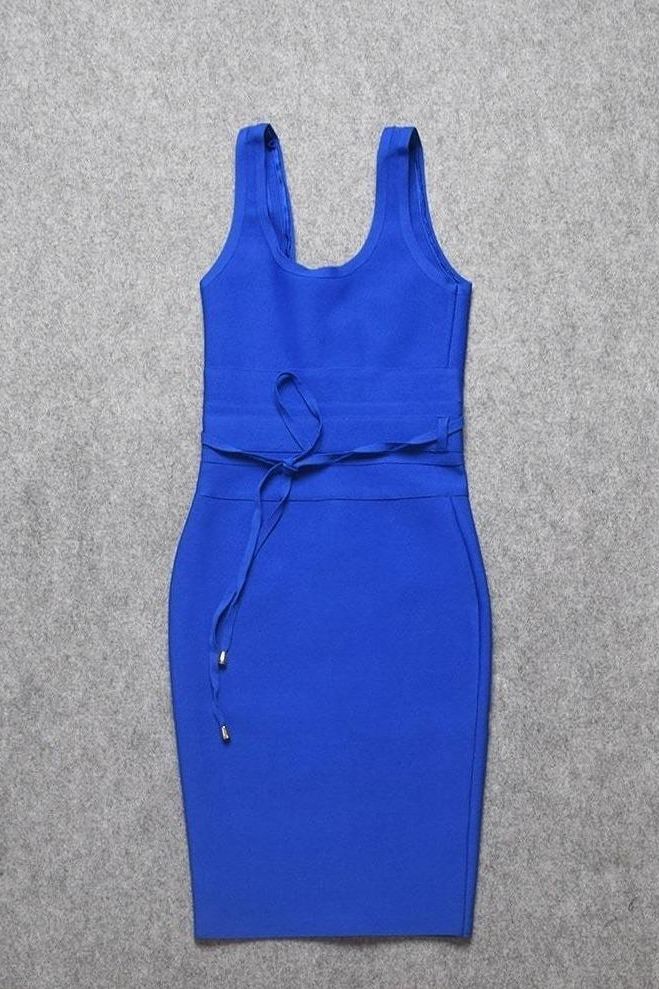 Woman wearing a figure flattering  Amy Bandage Dress - Royal Blue Bodycon Collection