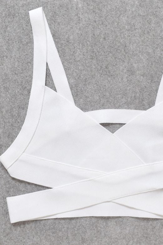 Woman wearing a figure flattering Ang Bandage Crop Top - Pearl White BODYCON COLLECTION