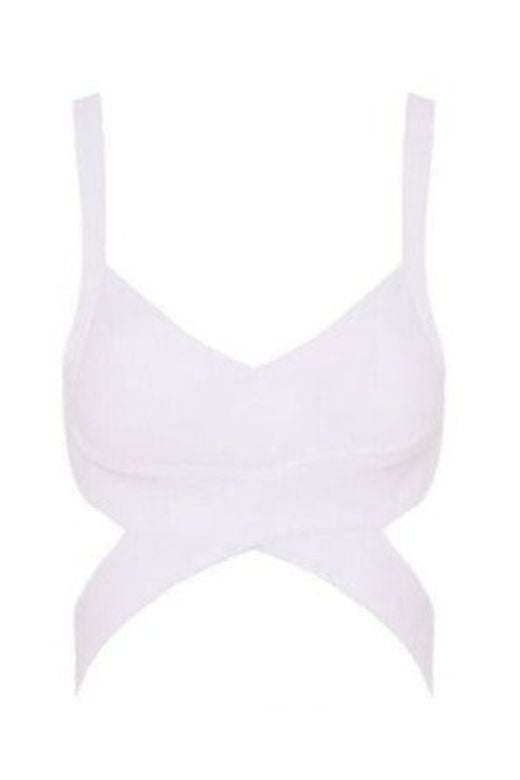 Woman wearing a figure flattering Ang Bandage Crop Top - Pearl White BODYCON COLLECTION