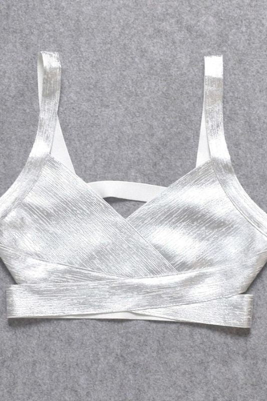 Woman wearing a figure flattering Ang Bandage Crop Top - Silver BODYCON COLLECTION