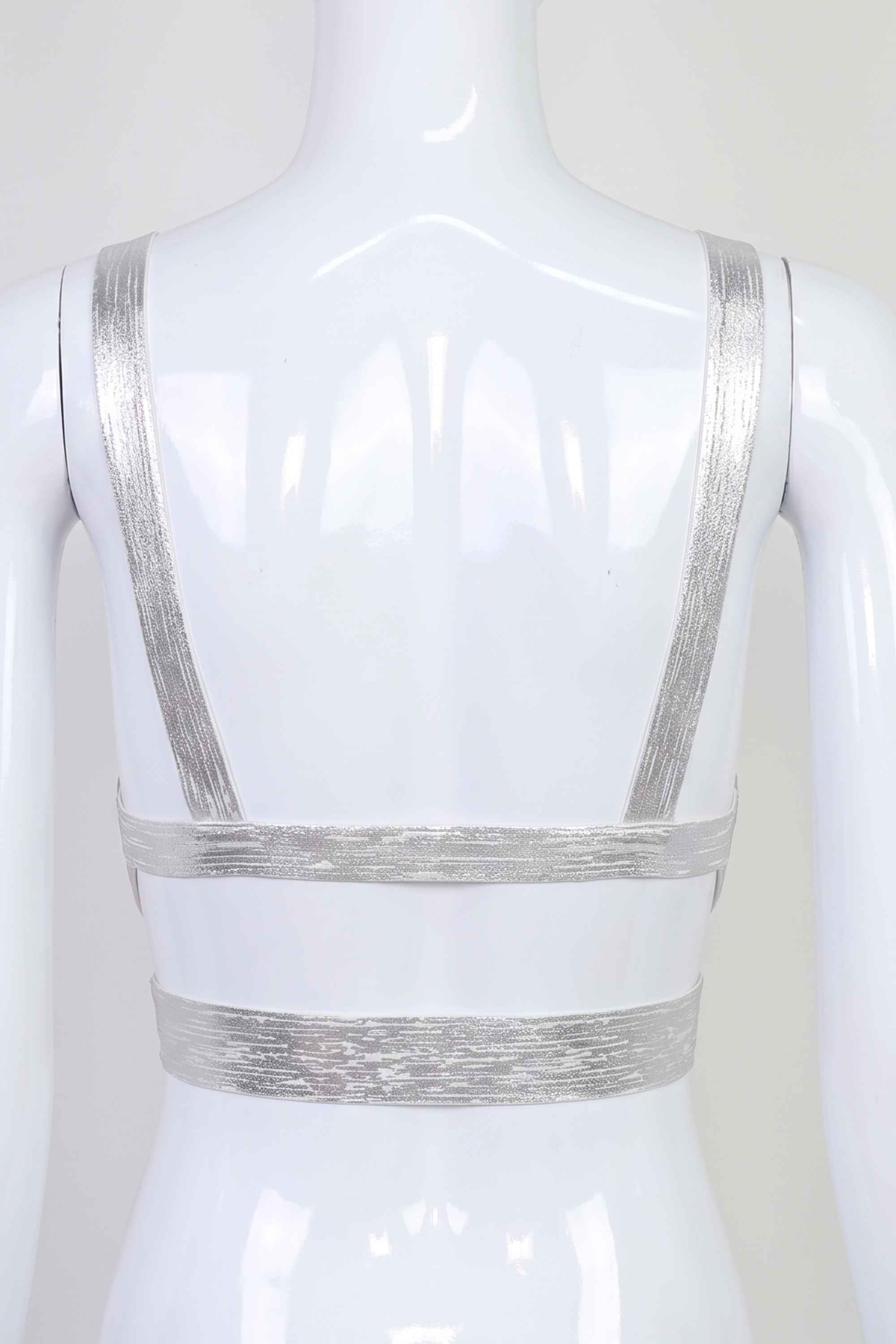Woman wearing a figure flattering Ang Bandage Crop Top - Silver BODYCON COLLECTION