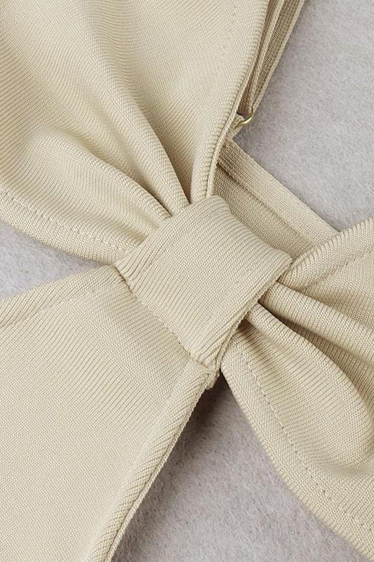 Woman wearing a figure flattering  Aria Bodycon Day Maxi Dress - Cream BODYCON COLLECTION