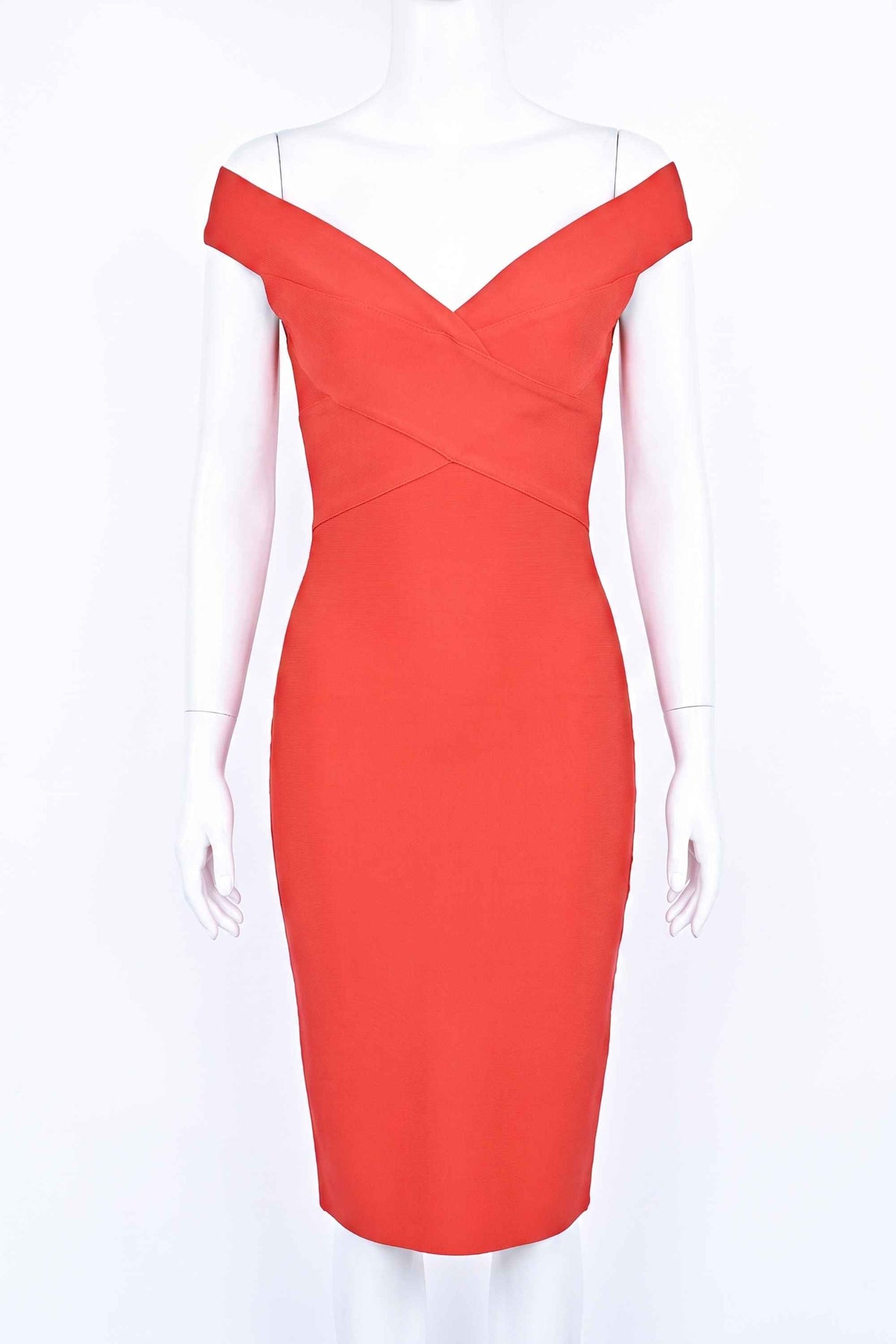 Woman wearing a figure flattering Ash Bandage Dress - Lipstick Red Bodycon Collection