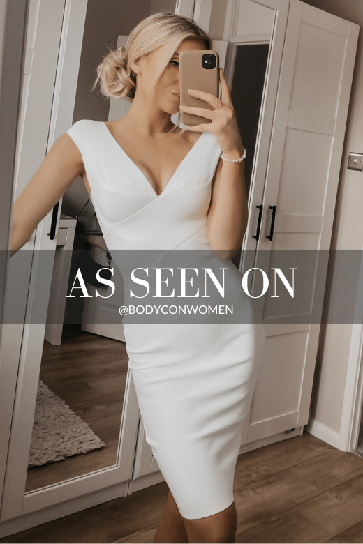 Woman wearing a figure flattering Ash Bandage Dress - Pearl White Bodycon Collection
