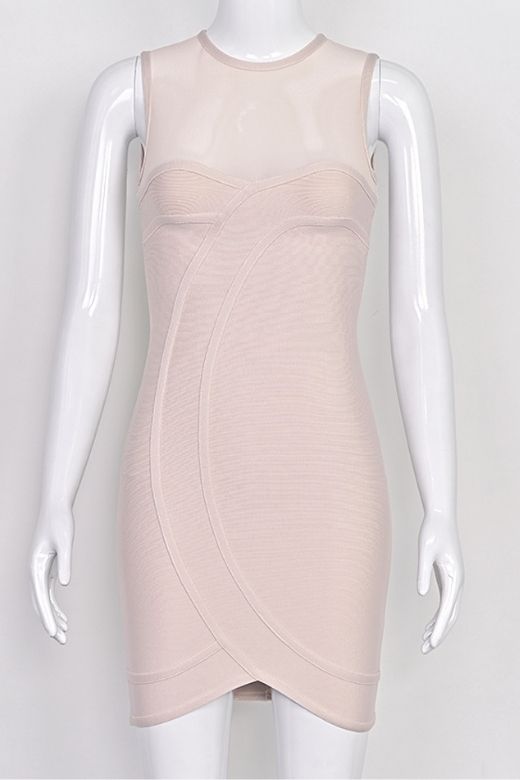 Woman wearing a figure flattering Aspen Bodycon Mini Dress - Nude BODYCON COLLECTION Pty Ltd