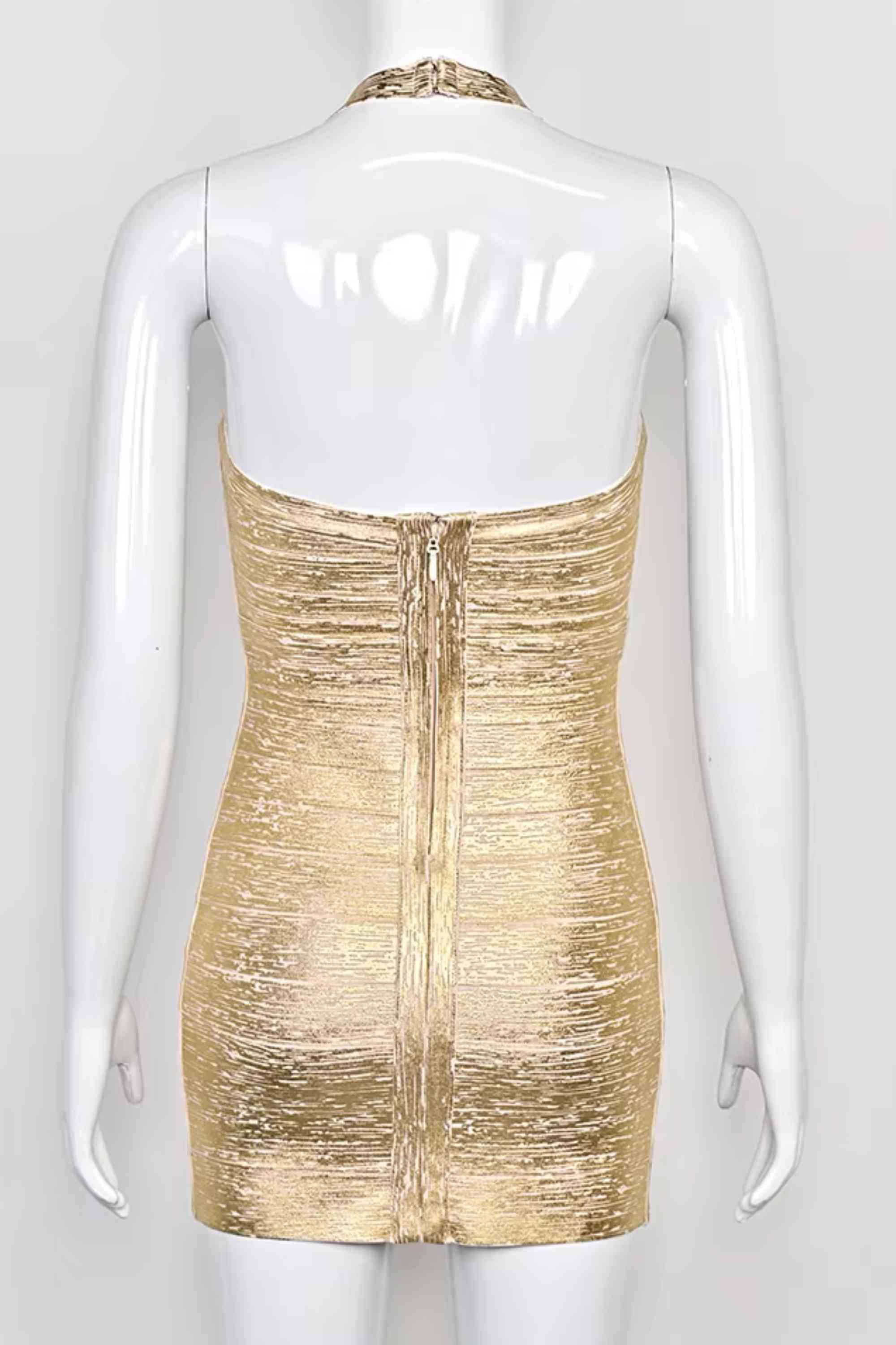 Woman wearing a figure flattering Athena Bandage Mini Dress - Gold BODYCON COLLECTION Pty Ltd