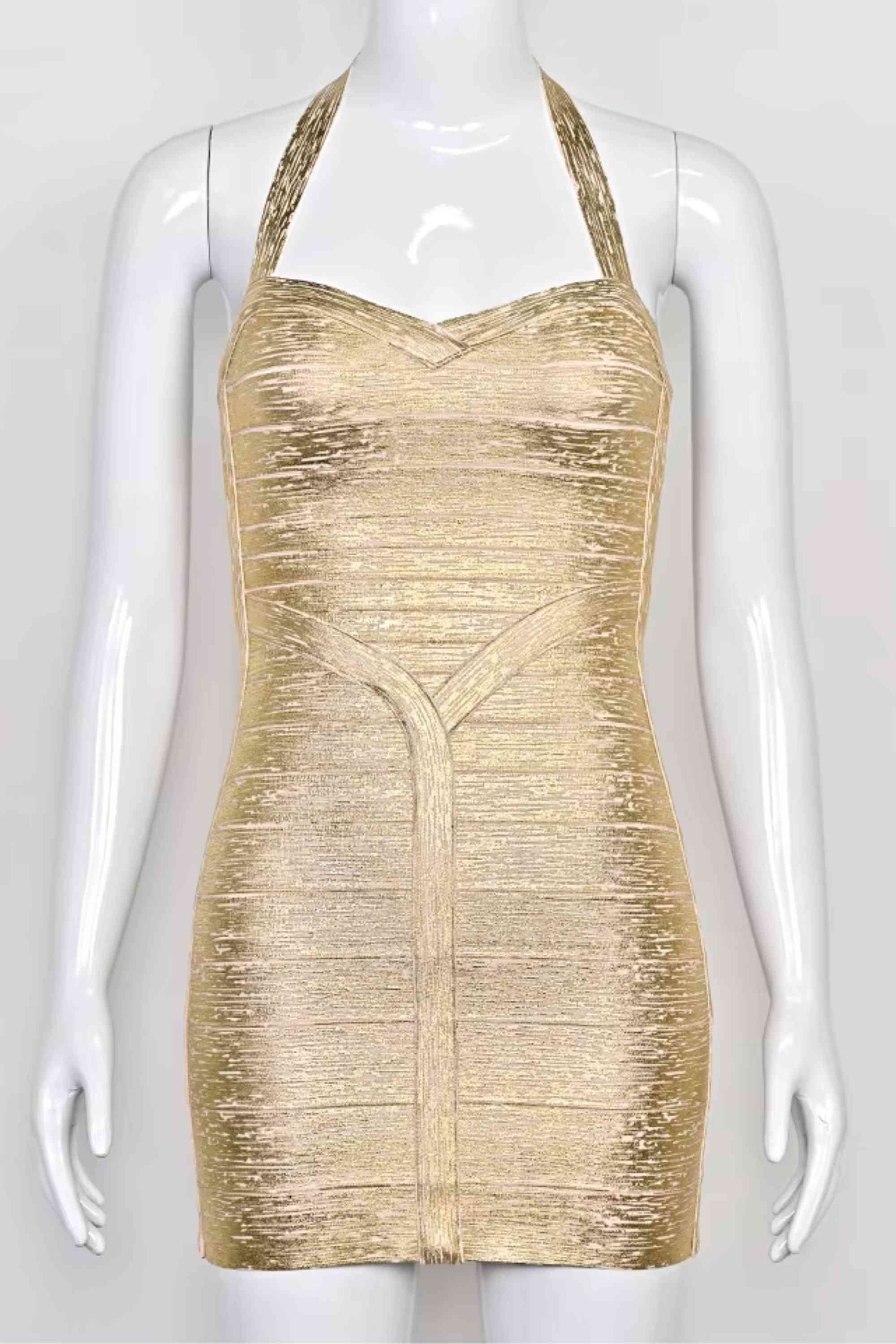 Woman wearing a figure flattering Athena Bandage Mini Dress - Gold BODYCON COLLECTION Pty Ltd
