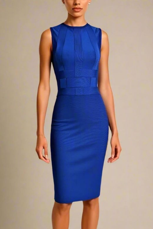 Woman wearing a figure flattering Aurora Bandage Dress - Navy Blue BODYCON COLLECTION Pty Ltd