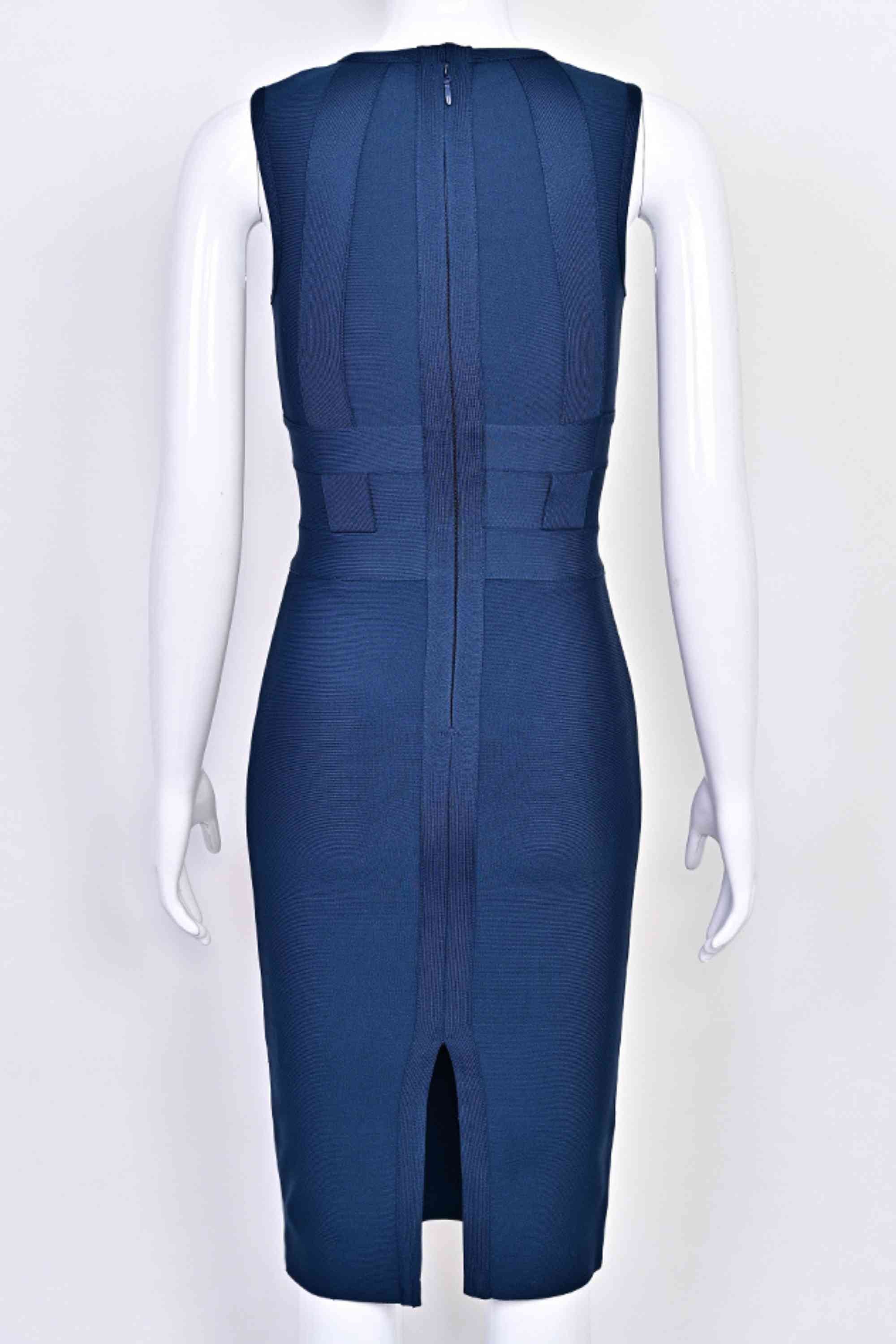 Woman wearing a figure flattering Aurora Bandage Dress - Navy Blue BODYCON COLLECTION Pty Ltd