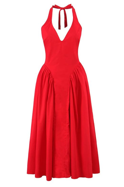 Woman wearing a figure flattering Austen Bodycon Midi Dress - Chilli Red BODYCON COLLECTION