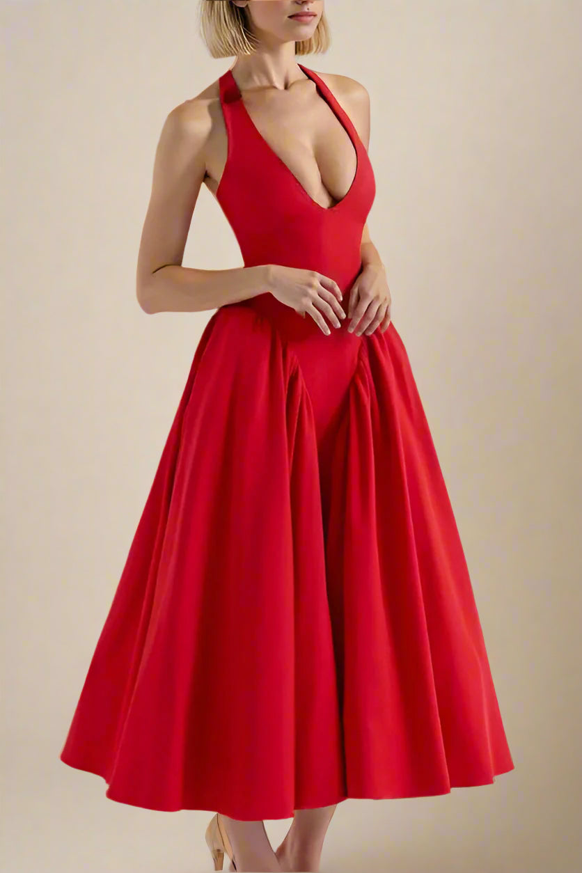 Woman wearing a figure flattering Austen Bodycon Midi Dress - Chilli Red BODYCON COLLECTION