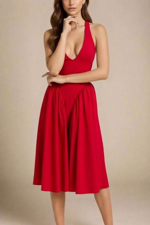 Woman wearing a figure flattering Austen Bodycon Midi Dress - Chilli Red BODYCON COLLECTION