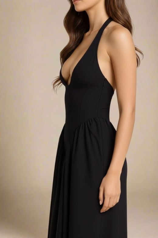 Woman wearing a figure flattering Austen Bodycon Midi Dress - Classic Black BODYCON COLLECTION