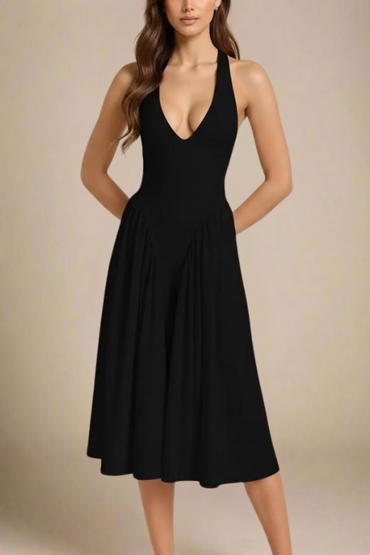 Woman wearing a figure flattering Austen Bodycon Midi Dress - Classic Black BODYCON COLLECTION