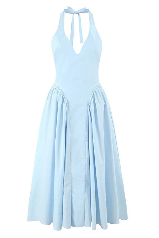 Woman wearing a figure flattering Austen Bodycon Midi Dress - Sky Blue BODYCON COLLECTION