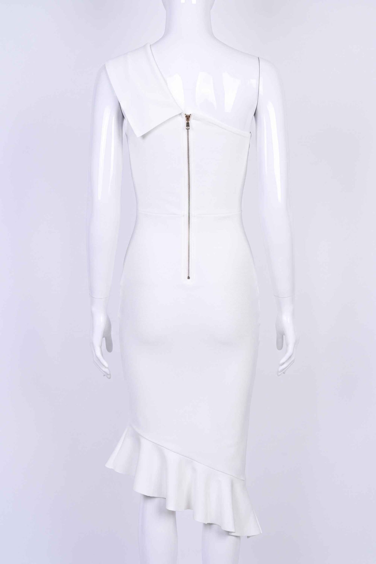 Woman wearing a figure flattering Avery Bandage Dress - White Pearl BODYCON COLLECTION