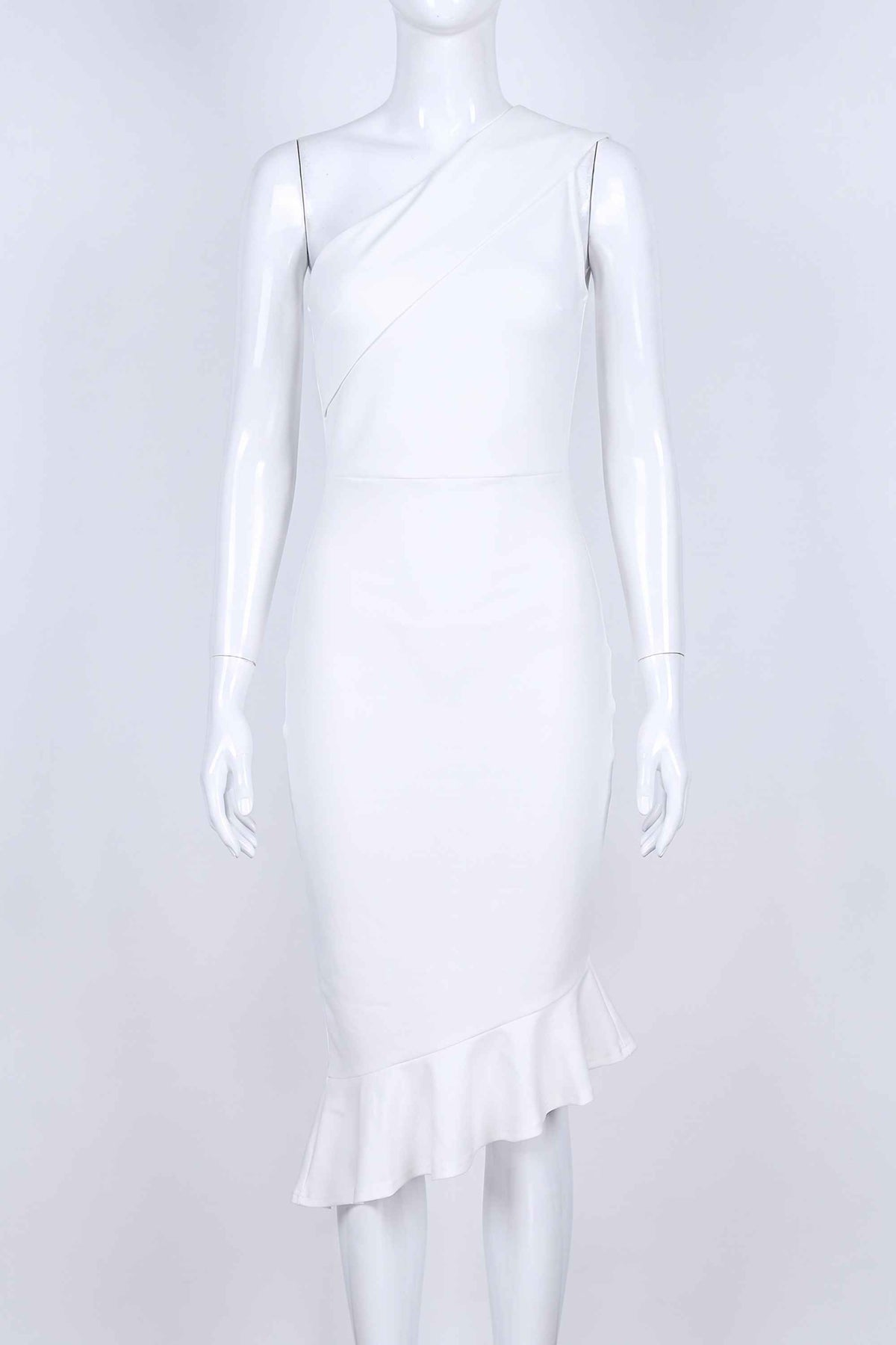 Woman wearing a figure flattering Avery Bandage Dress - White Pearl BODYCON COLLECTION