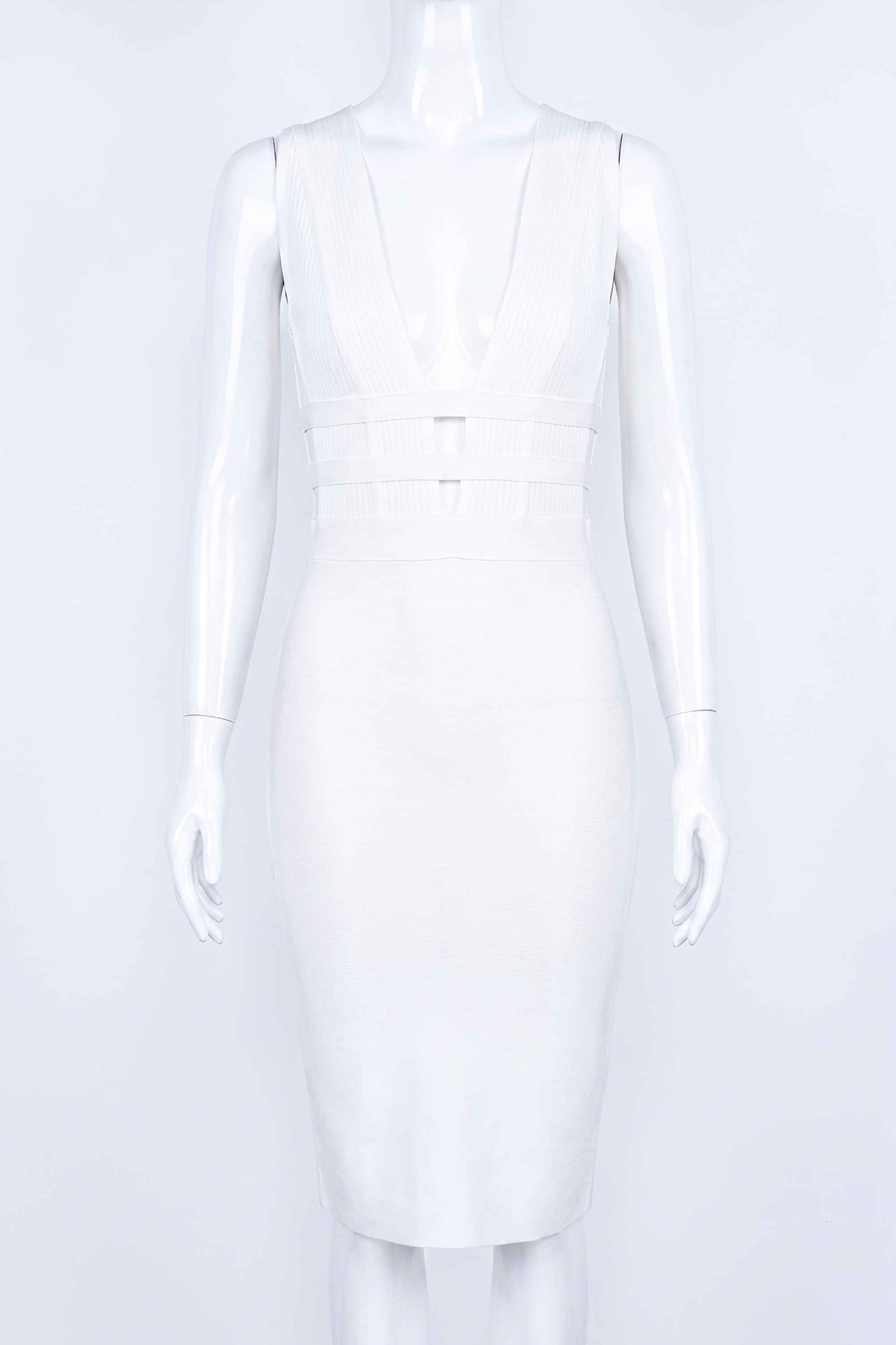 Woman wearing a figure flattering Bay Bandage Dress - Pearl White Bodycon Collection