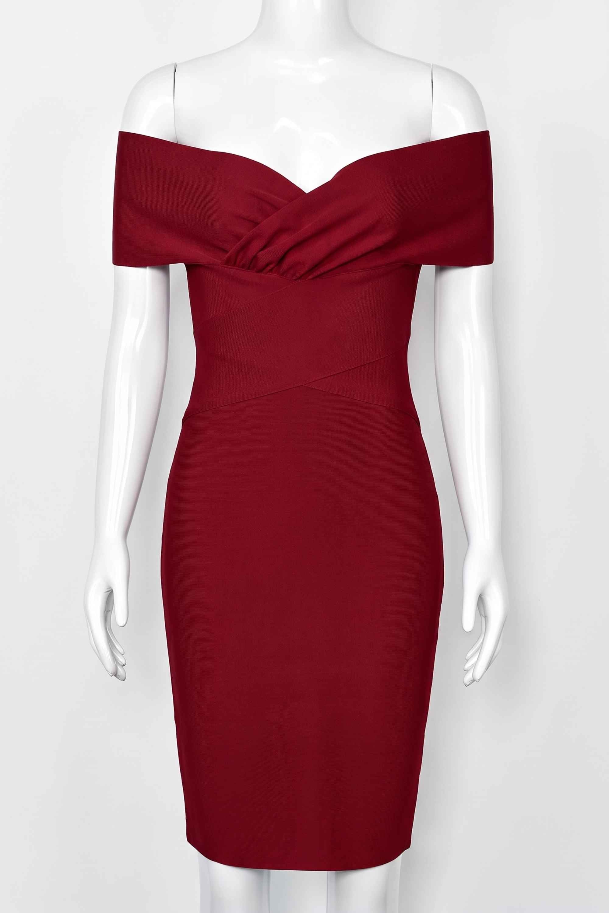 Woman wearing a figure flattering Bea Bandage Dress - Red Wine Bodycon Collection