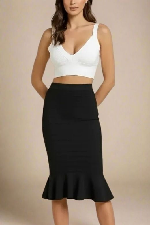 Woman wearing a figure flattering Bee Bandage Crop Top - White Pearl BODYCON COLLECTION