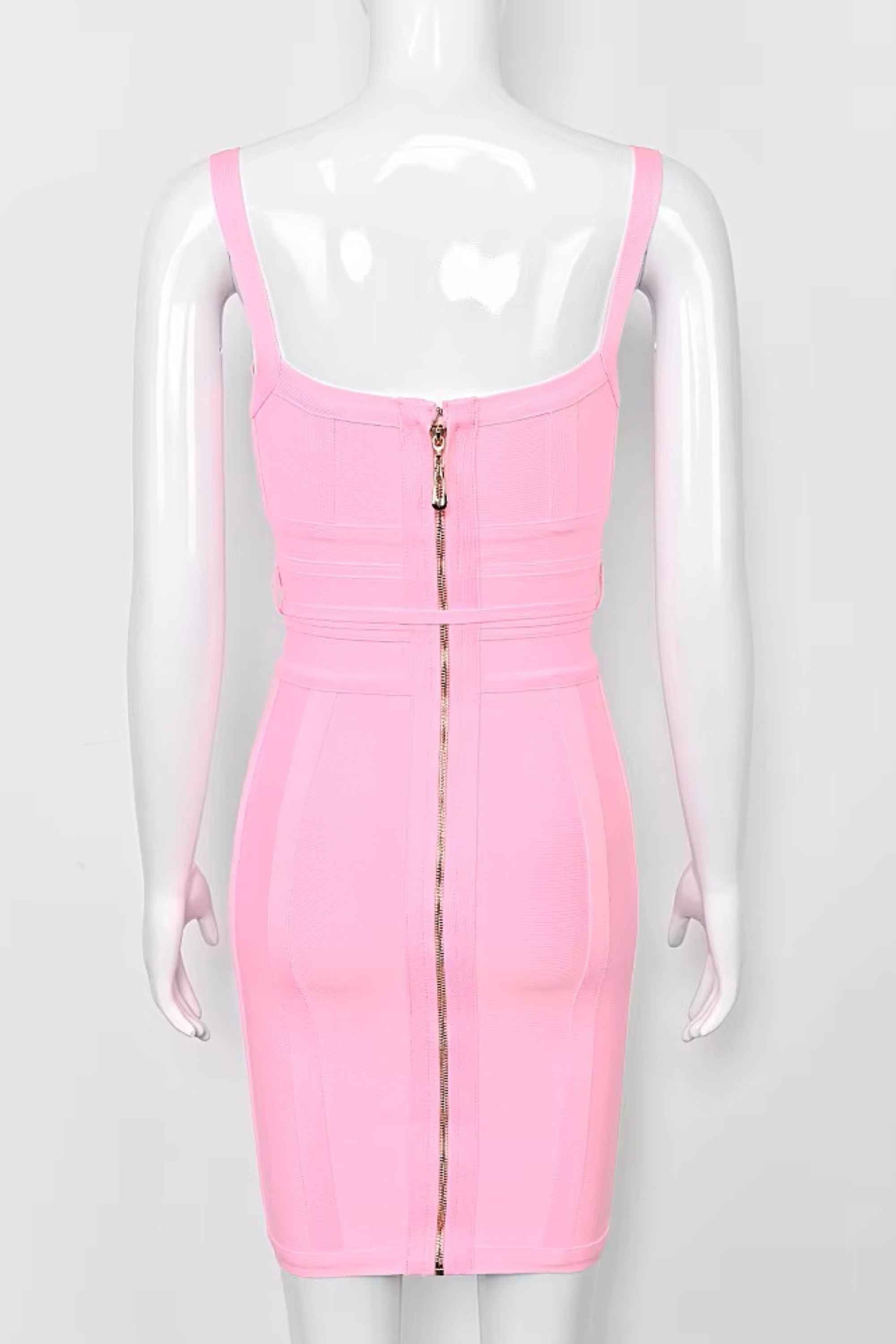 Woman wearing a figure flattering Bek Bandage Dress - Blush Pink Bodycon Collection