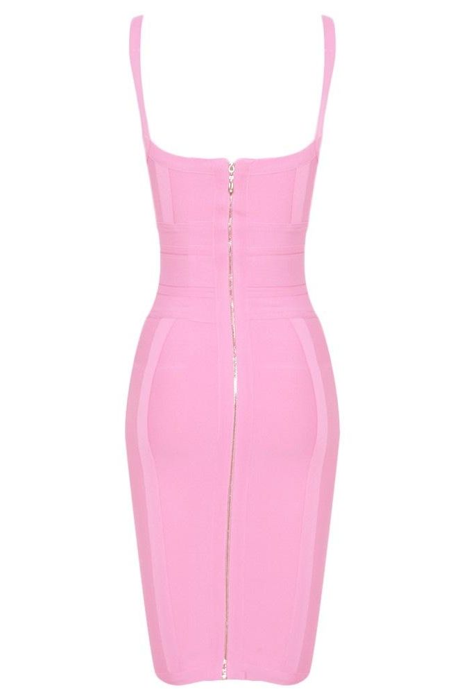 Woman wearing a figure flattering  Bek Bandage Dress - Blush Pink Bodycon Collection