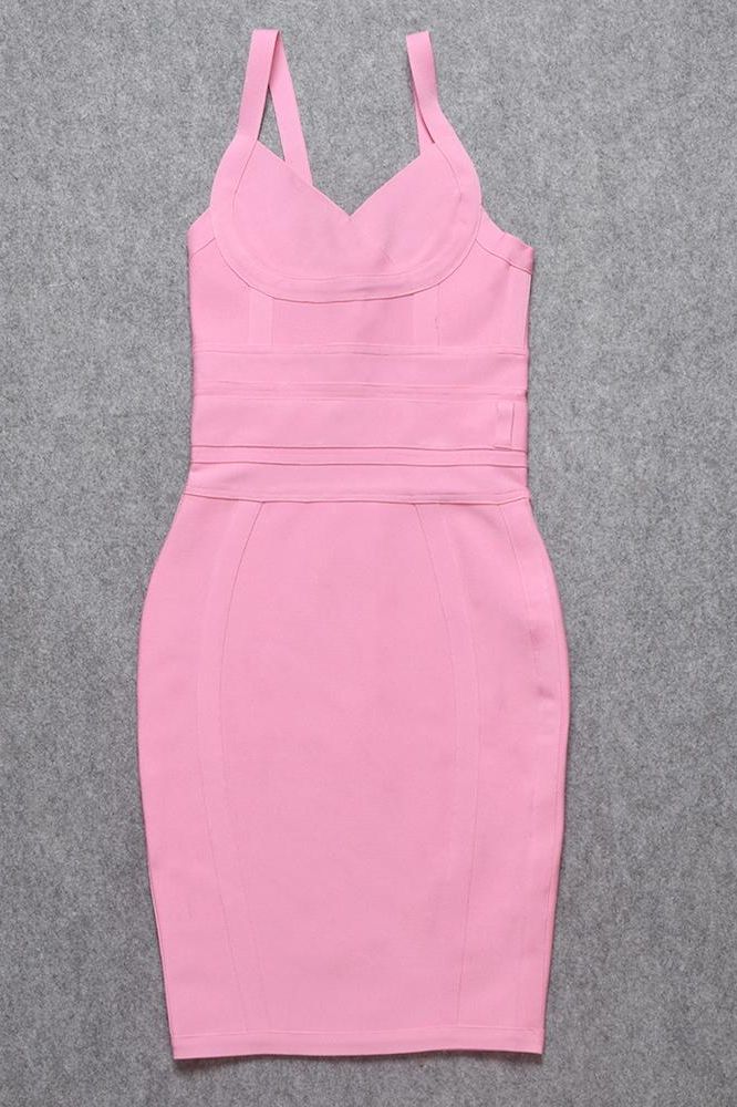 Woman wearing a figure flattering  Bek Bandage Dress - Blush Pink Bodycon Collection