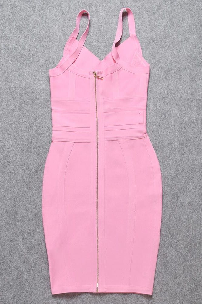 Woman wearing a figure flattering  Bek Bandage Dress - Blush Pink Bodycon Collection