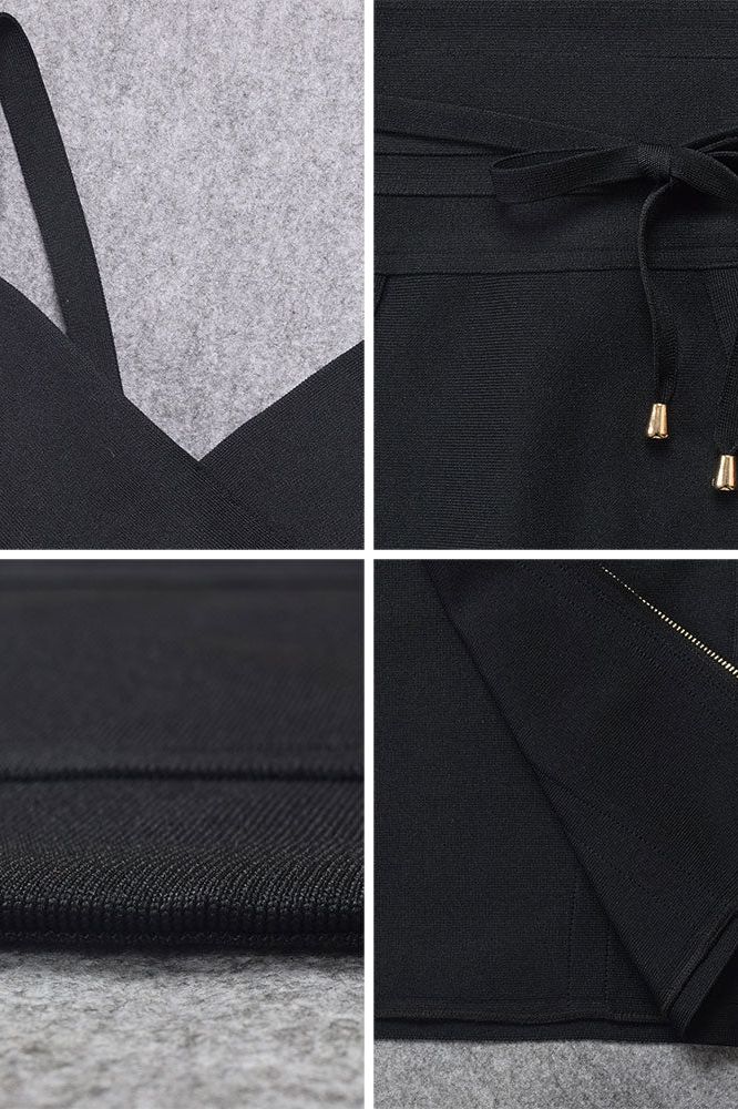 Woman wearing a figure flattering  Bek Bandage Dress - Classic Black Bodycon Collection