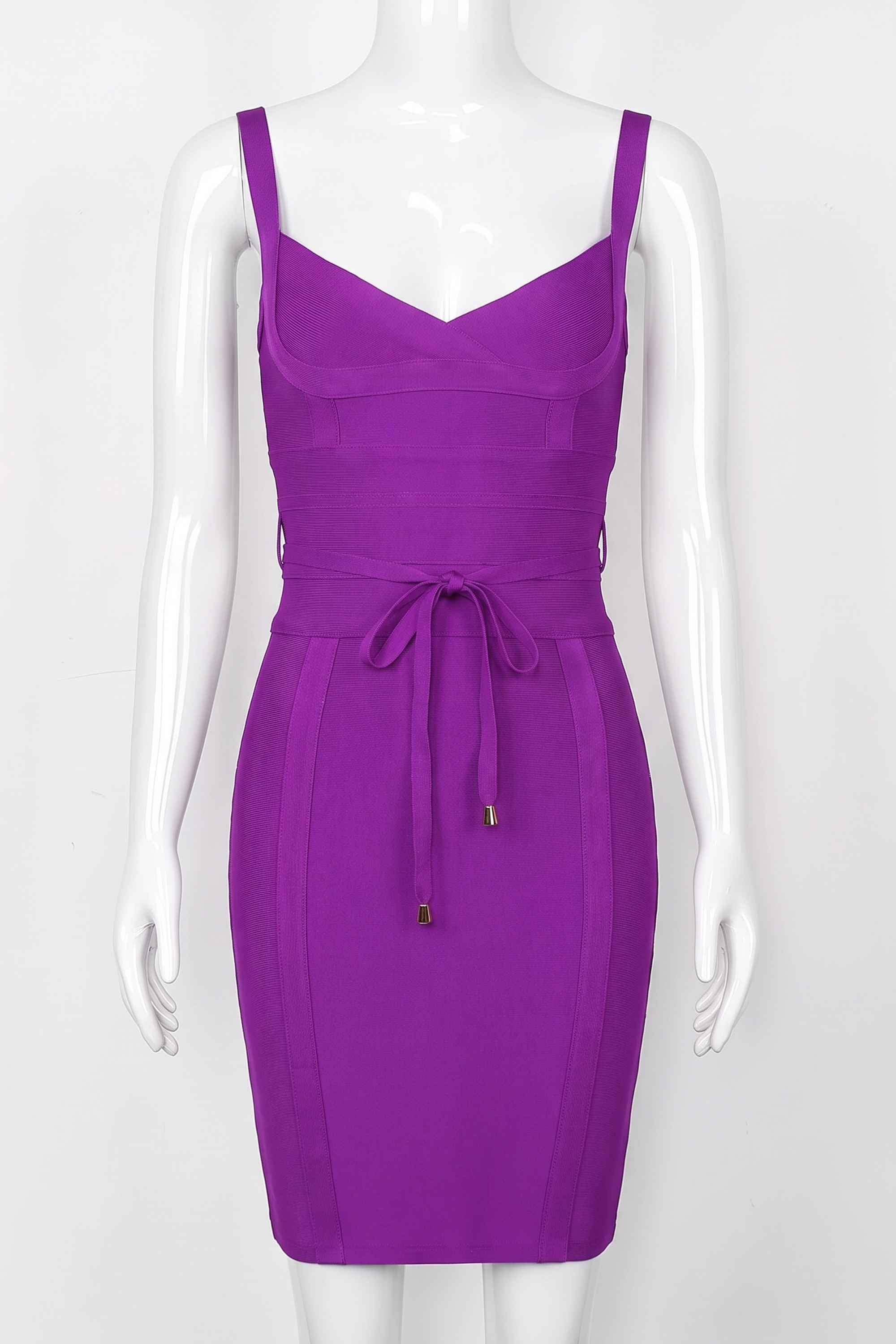 Woman wearing a figure flattering Bek Bandage Dress - Plum Purple Bodycon Collection