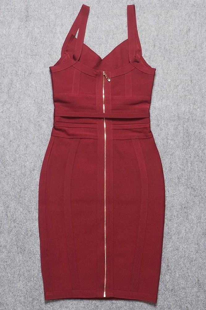 Woman wearing a figure flattering Bek Bandage Dress - Red Wine Bodycon Collection