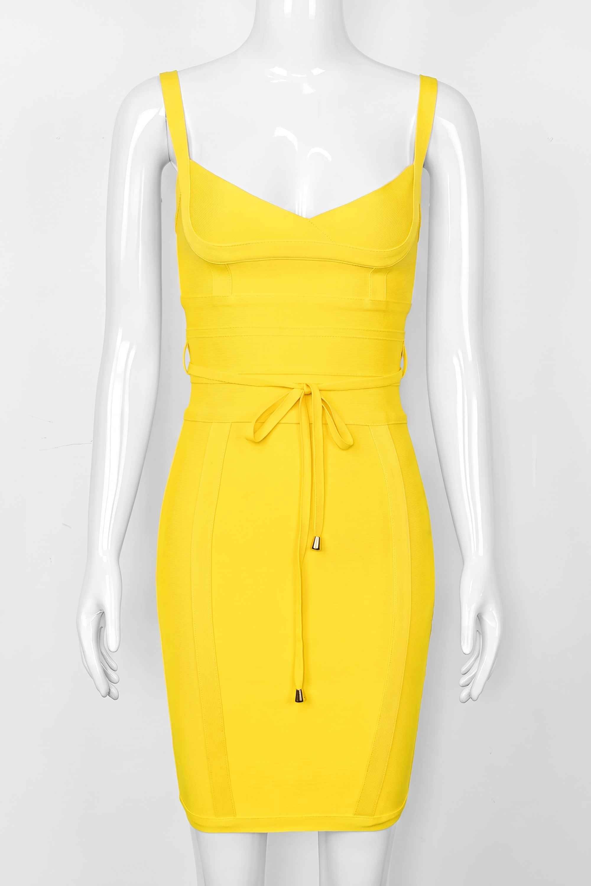 Woman wearing a figure flattering Bek Bandage Dress - Sun Yellow Bodycon Collection
