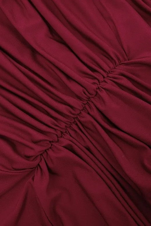 Woman wearing a figure flattering Bella Bodycon Wrap Maxi Dress - Red Wine BODYCON COLLECTION Pty Ltd