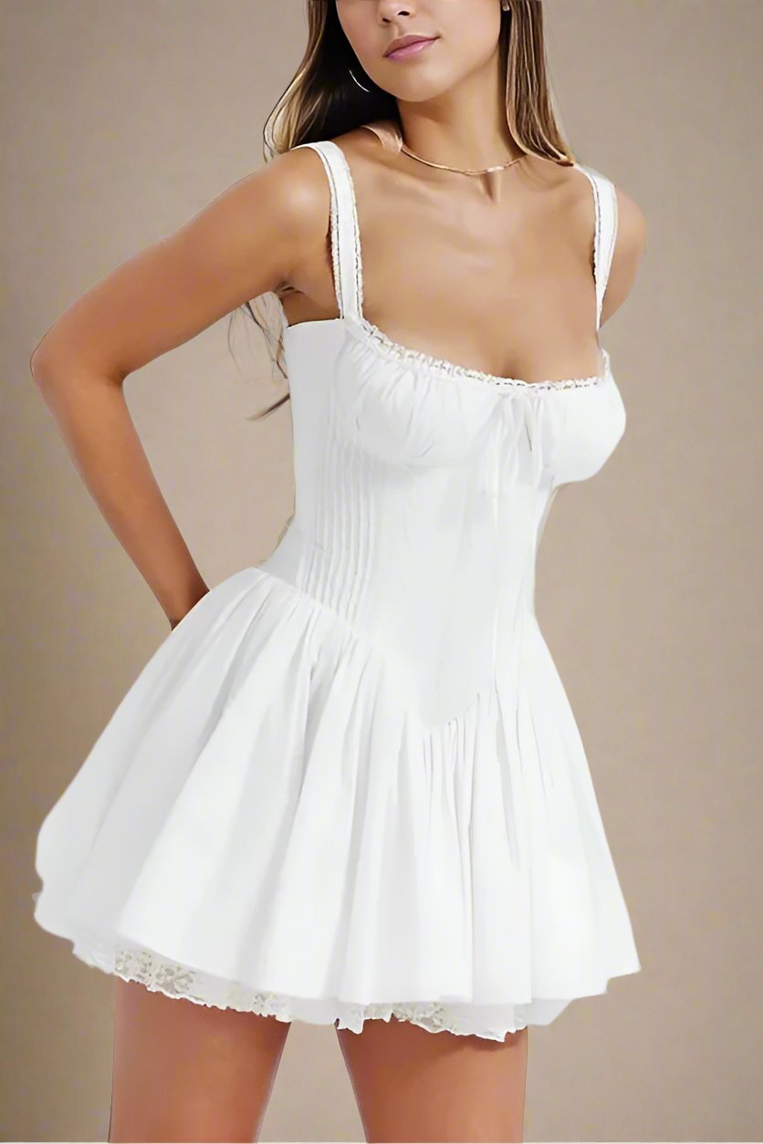 Woman wearing a figure flattering Belle Bodycon Mini Dress - Pearl White BODYCON COLLECTION
