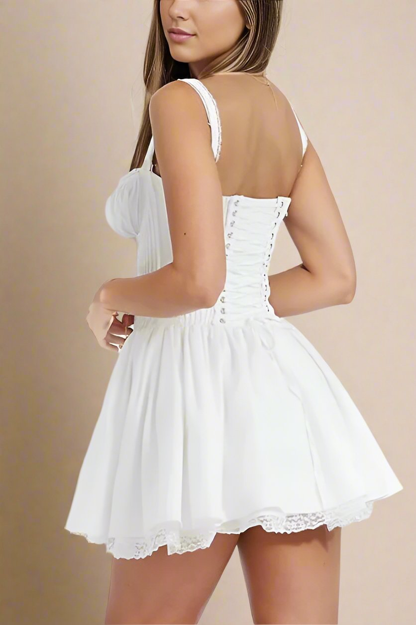 Woman wearing a figure flattering Belle Bodycon Mini Dress - Pearl White BODYCON COLLECTION