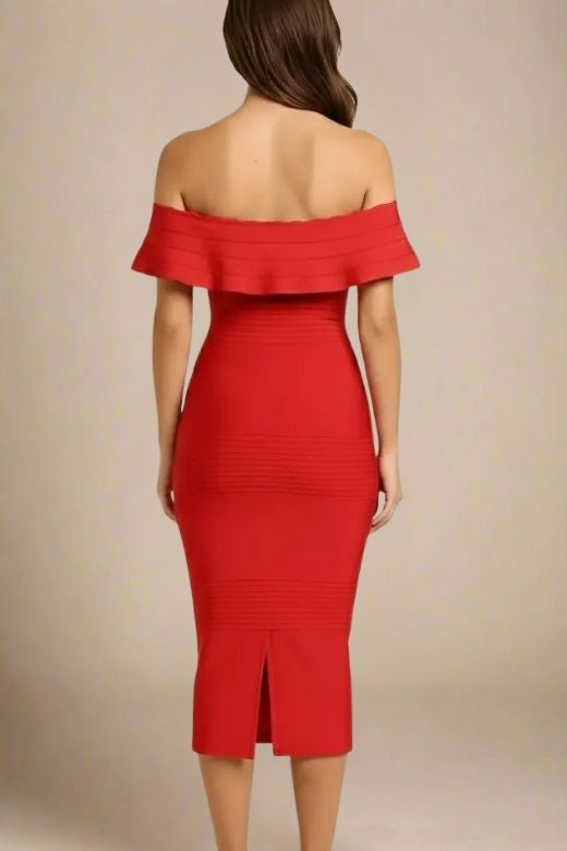 Woman wearing a figure flattering Billie Bandage Midi Dress - Lipstick Red Bodycon Collection