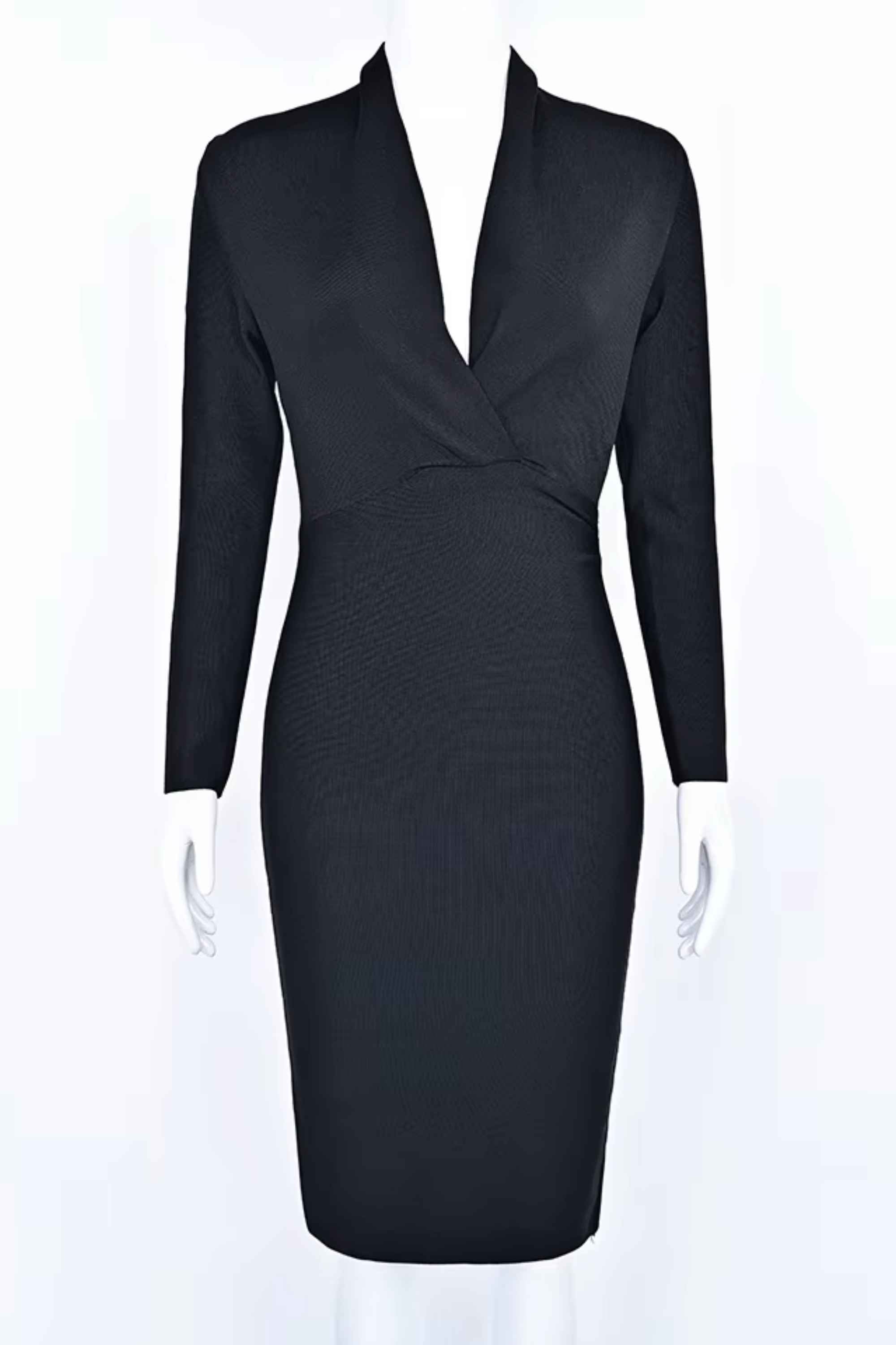 Woman wearing a figure flattering Blaire Long Sleeve Bandage Dress - Classic Black BODYCON COLLECTION