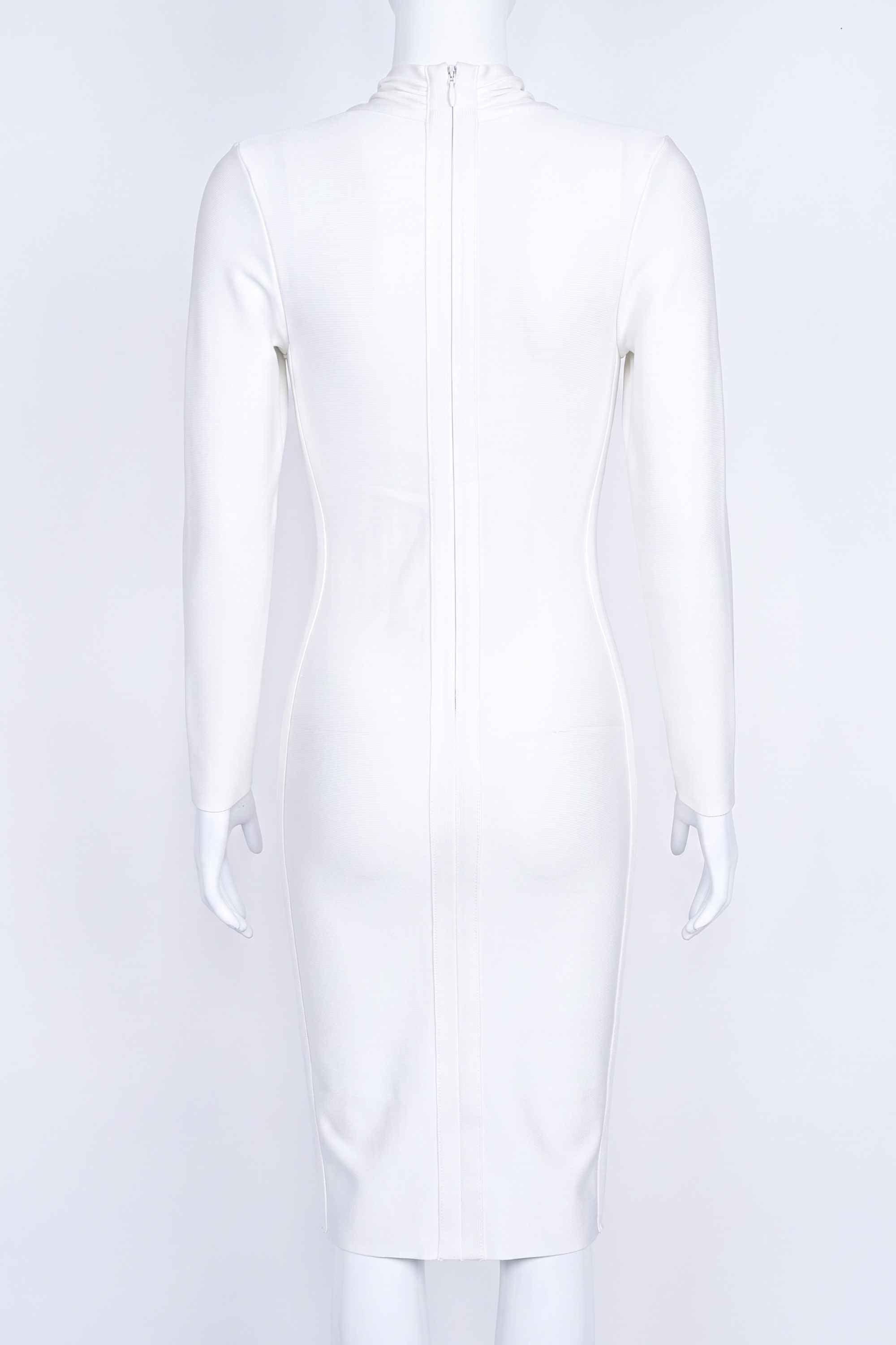 Woman wearing a figure flattering Blaire Long Sleeve Bandage Dress - Pearl White BODYCON COLLECTION
