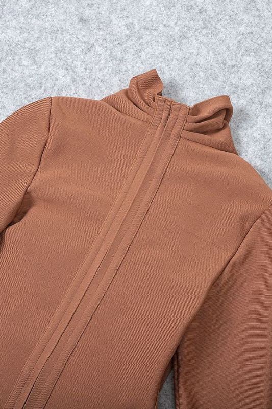 Woman wearing a figure flattering Blaire Long Sleeve Bandage Dress - Tan Brown BODYCON COLLECTION