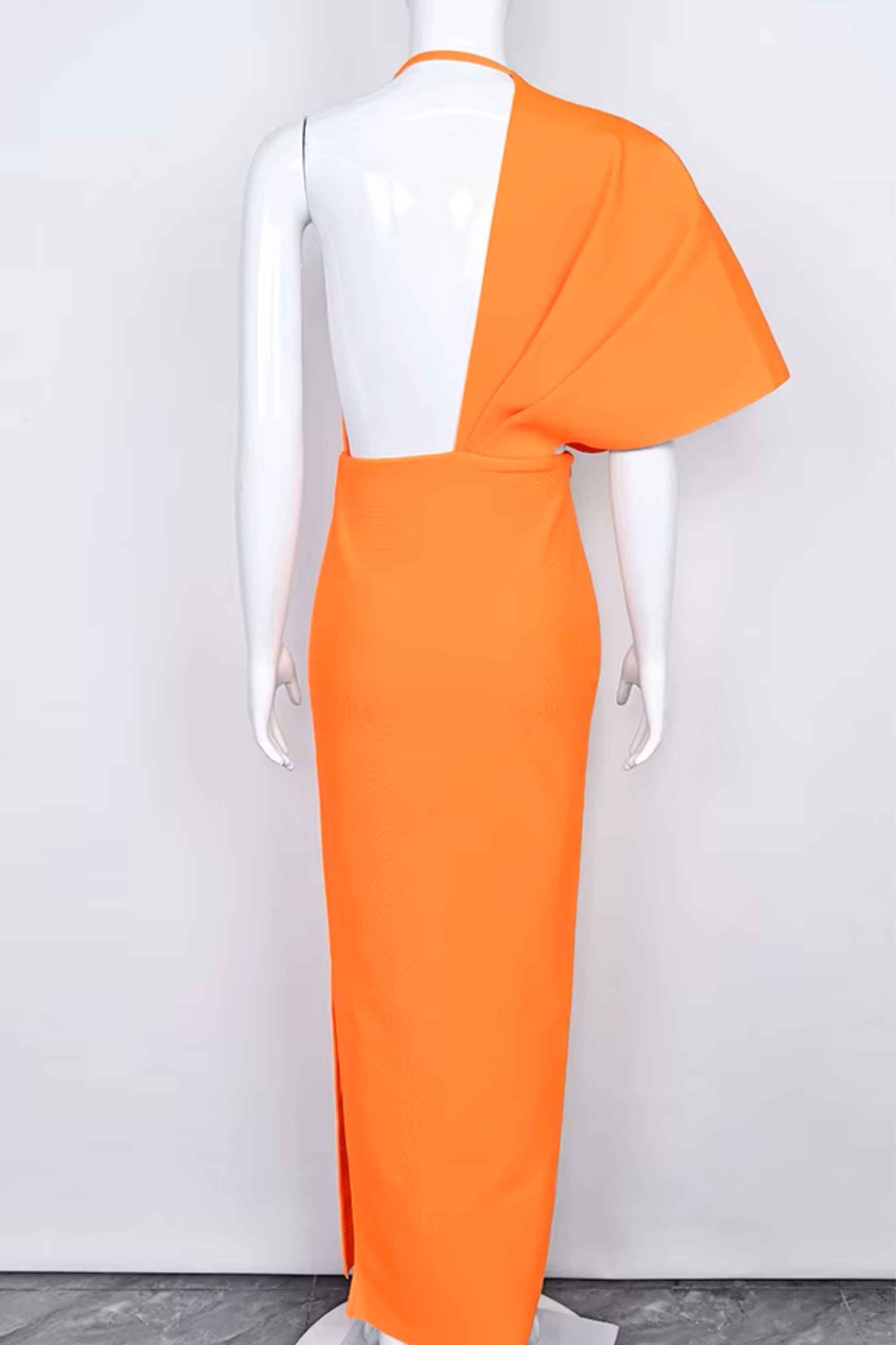 Woman wearing a figure flattering Blake Bandage Maxi Dress - Apricot Orange BODYCON COLLECTION