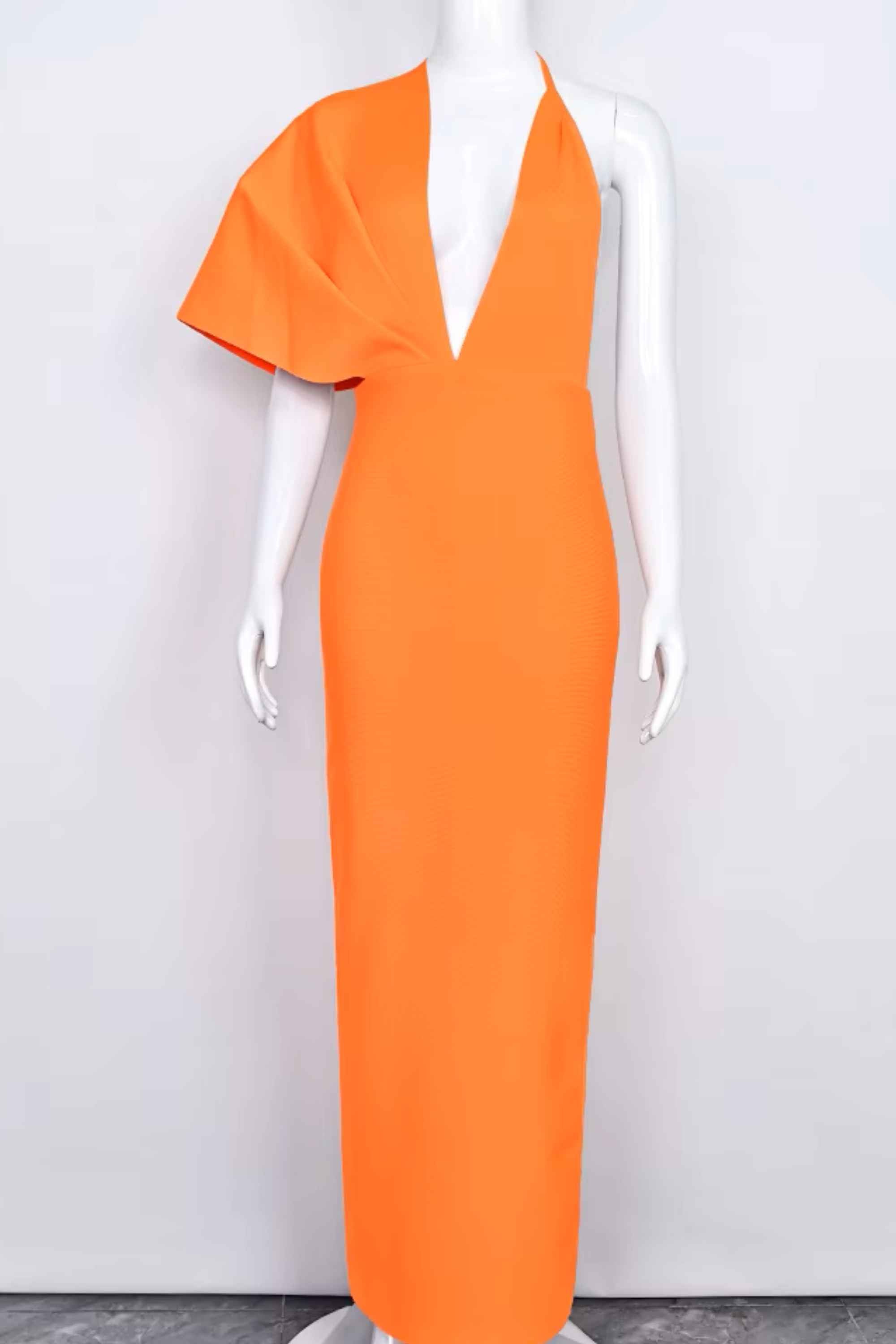Woman wearing a figure flattering Blake Bandage Maxi Dress - Apricot Orange BODYCON COLLECTION