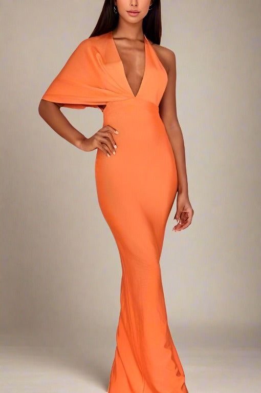 Woman wearing a figure flattering  Blake Bandage Maxi Dress - Apricot Orange BODYCON COLLECTION