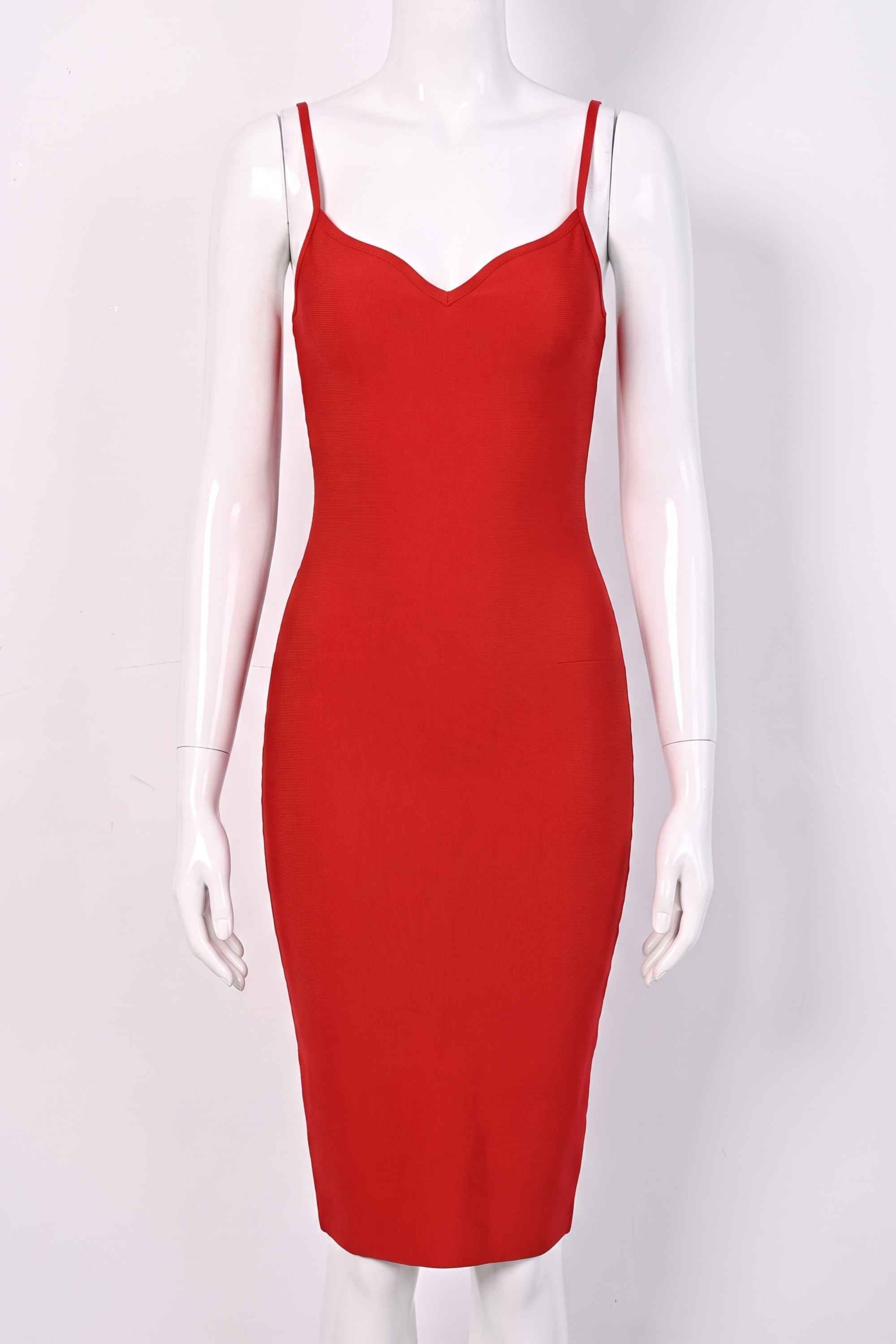 Woman wearing a figure flattering Blanche Bandage Midi Dress - Lipstick Red BODYCON COLLECTION