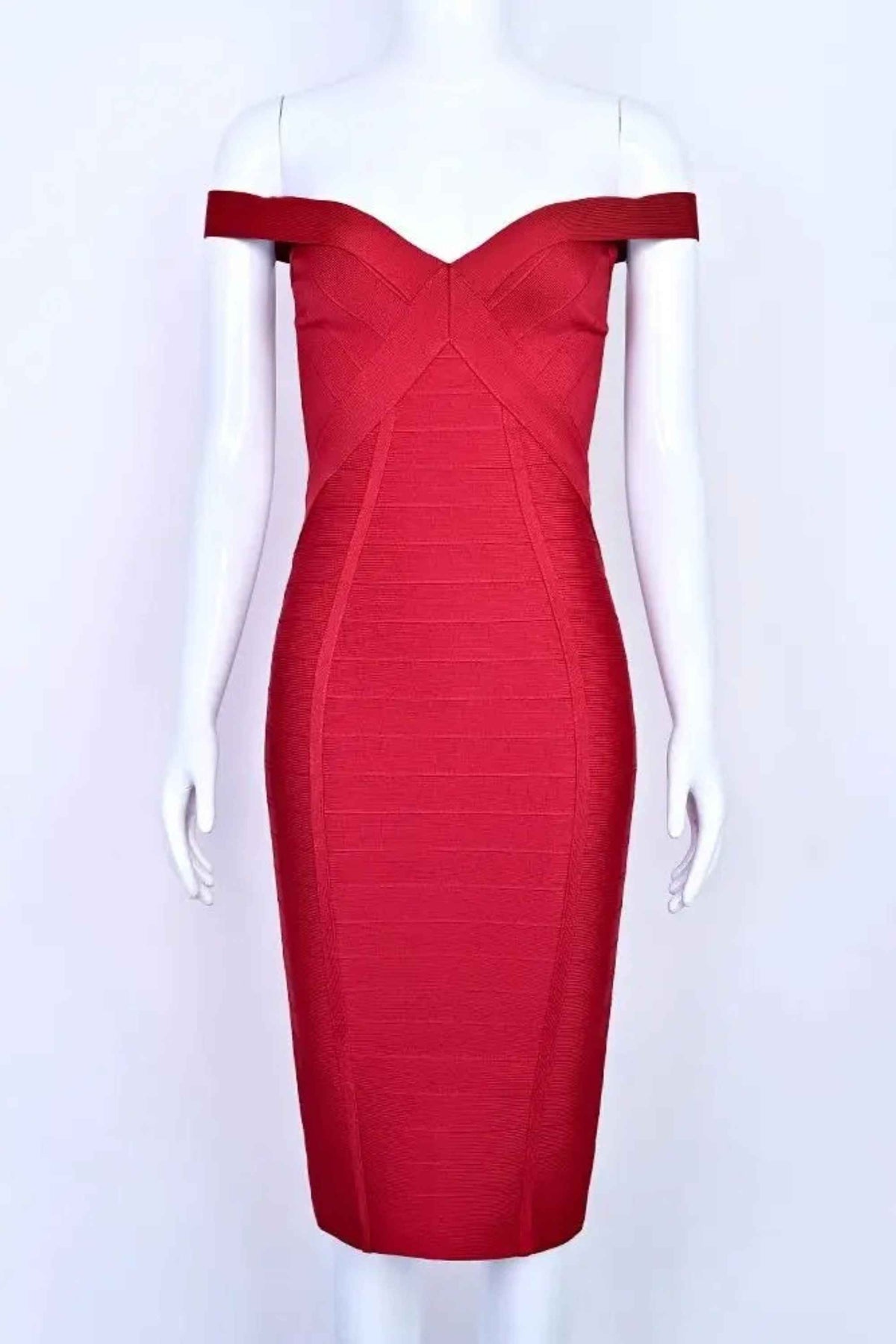Woman wearing a figure flattering Breanna Bandage Dress - Chilli Red BODYCON COLLECTION