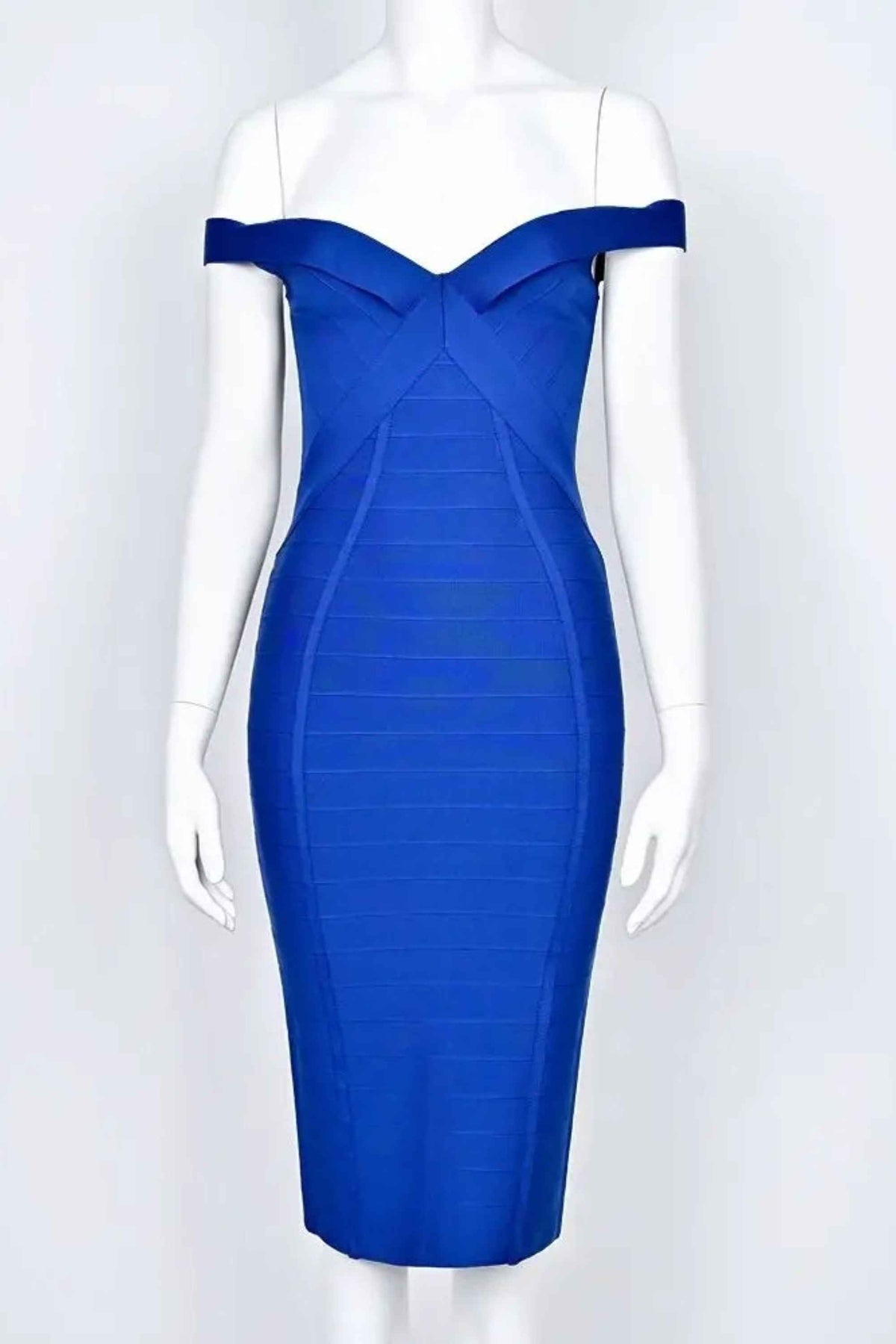 Woman wearing a figure flattering Breanna Bandage Dress - Navy Blue BODYCON COLLECTION