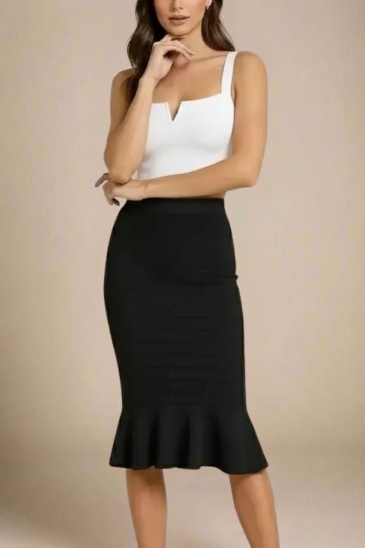 Woman wearing a figure flattering Brooke Bandage Crop Top - Pearl White BODYCON COLLECTION